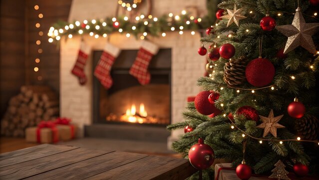 Warm Christmas Ambiance Fireplace Stockings and Decorated Tree Create a Festive and Cozy Holiday Home Scene