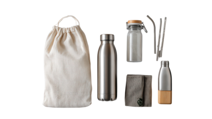 Water Bottles and Eco Products: A flat lay of water bottles and eco-friendly products like reusable bags and straws, isolated on a Transparent background, PNG file.