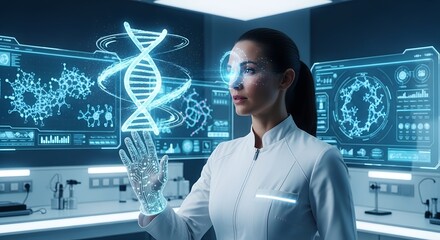 Female Scientist Analyzing Holographic DNA in a Futuristic Lab.