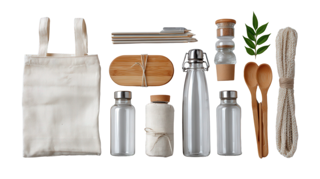 Water Bottles and Eco Products: A flat lay of water bottles and eco-friendly products like reusable bags and straws, isolated on a Transparent background, PNG file.