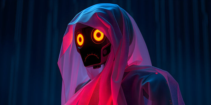 A robot dressed as a ghost for Halloween, glowing digital sheet