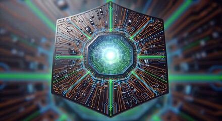 Futuristic Hexagonal Quantum Computer Core Glowing Brightly.