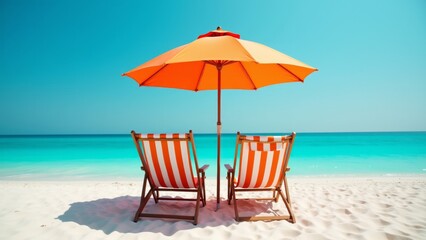 Beach Chairs and Umbrella on Pristine White Sand with Turquoise Ocean HDR Vacation Background