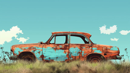 Rusty vintage car abandoned in grassy field. Symbol of decay and forgotten times.