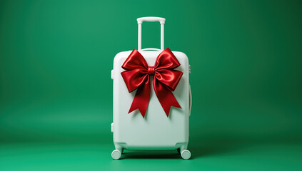 Suitcase with bow in minimal style, red and green tones, representing gift travel concept and holiday trip inspiration, with copy space for advertising, luggage retail, banners and festive marketing v
