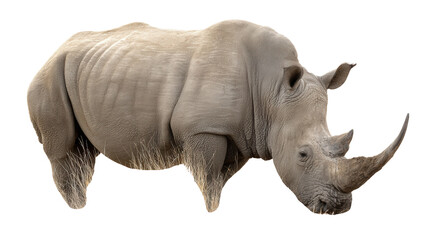 Obraz premium White Rhinoceros in the Wild: A white rhinoceros grazing on the savanna, isolated on a Transparent background, PNG file.