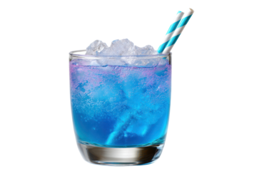 Celestial Blue Elixir: A refreshing, photorealistic close-up showcases a vibrant blue cocktail, meticulously garnished with ice and an artistic striped straw.