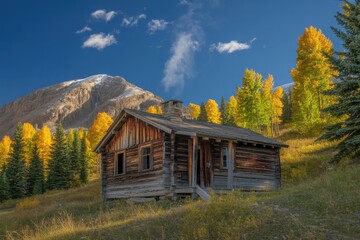 Obraz premium Rustic Log Cabin in Autumn Landscape with Mountain Backdrop
