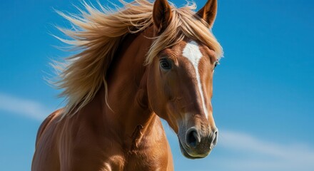 Obraz premium A beautiful, light brown horse with a striking white blaze stands out against a vibrant blue sky, its flowing mane catching the breeze.