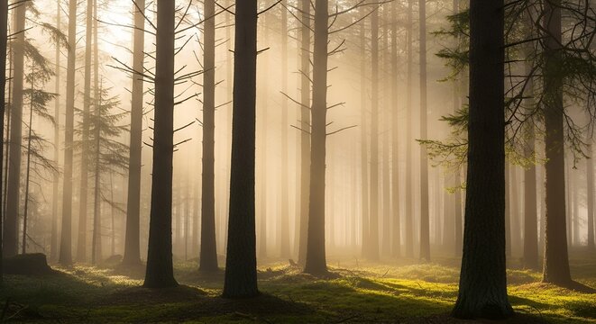 Golden sunbeams streaming through a misty morning forest.