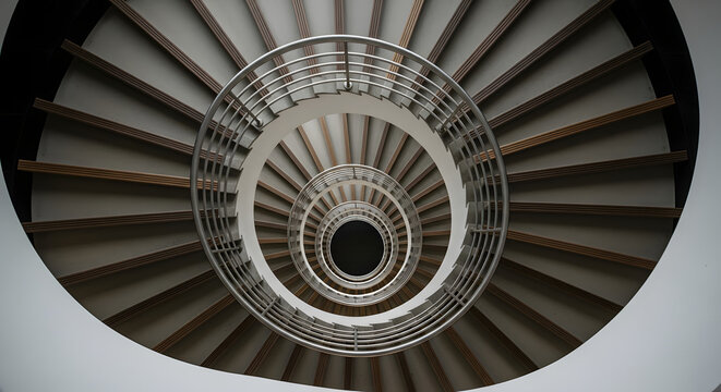 Abstract view of a spiral staircase and handrail from above