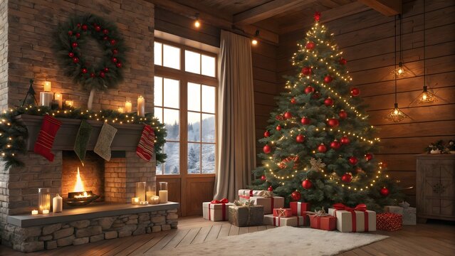 Cozy Christmas Cabin Scene with Fireplace and Tree Radiating Warmth and Holiday Spirit in a Rustic Setting