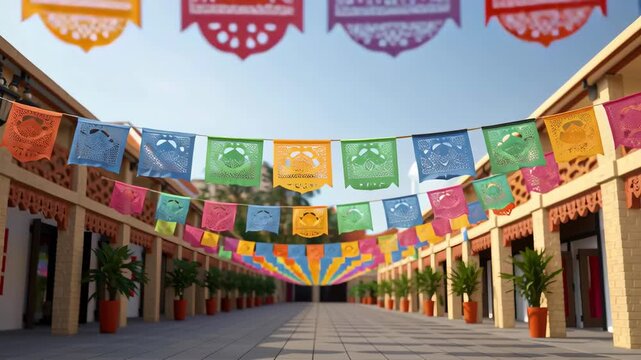 Colorful national hispanic heritage month ecommerce celebration with vibrant papel picado banners decorating outdoor plaza for festive atmosphere