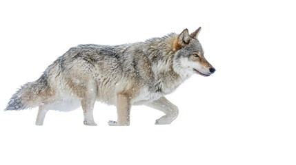 Fototapeta premium Wild Wolf in Snow: A flat lay of a wild wolf running in the snow, isolated on a Transparent background, PNG file.