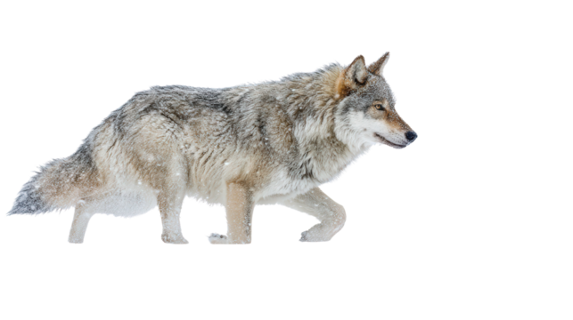 Wild Wolf in Snow: A flat lay of a wild wolf running in the snow, isolated on a Transparent background, PNG file.