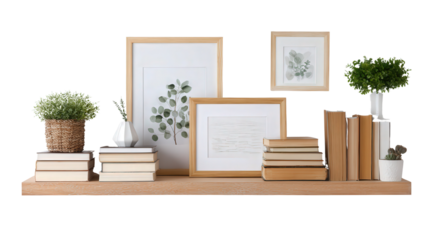 Wooden Bookshelf Decor: A flat lay of wooden bookshelf decor items like books, plants, and framed pictures, isolated on a Transparent background, PNG file.