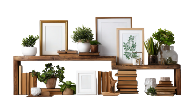 Wooden Bookshelf Decor: A flat lay of wooden bookshelf decor items like books, plants, and framed pictures, isolated on a Transparent background, PNG file.