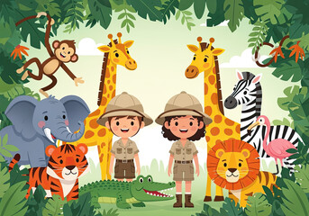 Happy cartoon children explorers stand with many cute safari animals in a vibrant jungle adventure scene, surrounded by green leaves.
