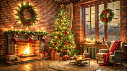 Cozy Christmas Eve Radiance A Holiday Scene with Warm Fire and Decorations