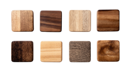 Wooden Coasters: A flat lay of wooden coasters arranged neatly, isolated on a Transparent background, PNG file.