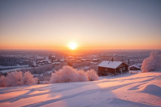Verschneite Winterlandschaft mit Tannenb&auml;umen bei Sonnenaufgang, rosafarbener Himmel und ruhige, friedliche Morgenstimmung