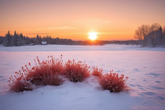 Verschneite Winterlandschaft mit Tannenb&auml;umen bei Sonnenaufgang, rosafarbener Himmel und ruhige, friedliche Morgenstimmung