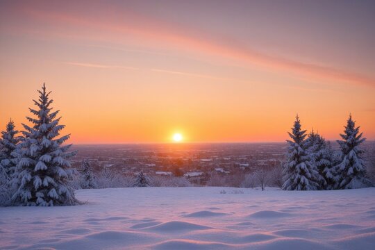 Verschneite Winterlandschaft mit Tannenb&auml;umen bei Sonnenaufgang, rosafarbener Himmel und ruhige, friedliche Morgenstimmung