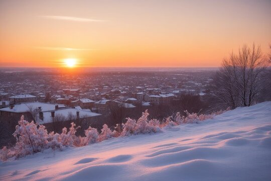 Verschneite Winterlandschaft mit Tannenb&auml;umen bei Sonnenaufgang, rosafarbener Himmel und ruhige, friedliche Morgenstimmung