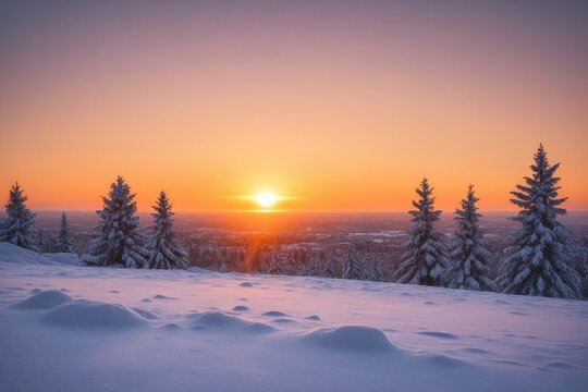 Verschneite Winterlandschaft mit Tannenb&auml;umen bei Sonnenaufgang, rosafarbener Himmel und ruhige, friedliche Morgenstimmung