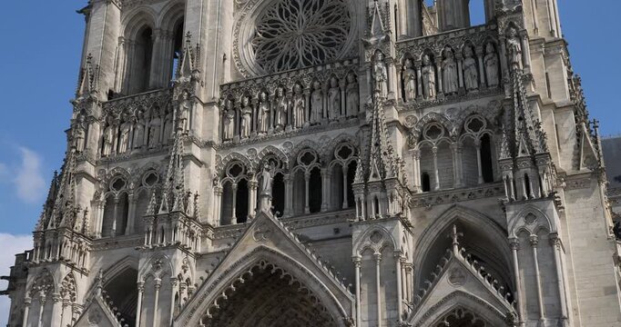 West portals and facade of Amiens Cathedral. Amiens, Somme department, France.
