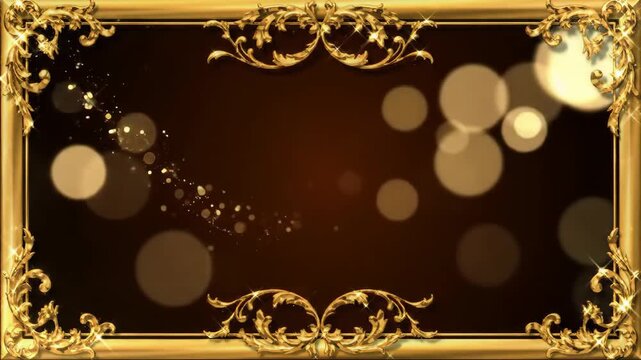 Ornate golden frame with shimmering bokeh lights, elegant baroque border, festive cinematic glow and soft animated sparkles