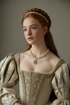Elegant young woman from the Renaissance Tudor era in embroidered bodice with puffed sleeves and pearl headdress, three-quarter view portrait