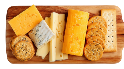 Wooden Cutting Board with Cheese: A flat lay of a wooden cutting board with assorted cheeses and crackers, isolated on a Transparent background, PNG file.