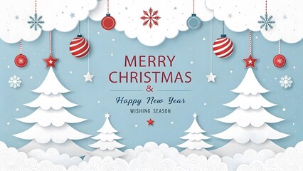 Festive Christmas and New Year Celebration with Paper Art Trees, Clouds, and Decorative Ornaments for a Holiday Greeting