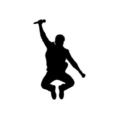 Monocolor vector silhouette of a rock singer jumping with mic, minimal design