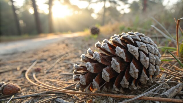 Close up of pine cone on forest floor with soft morning light