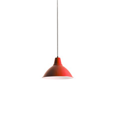 A single red industrial-style hanging lamp providing downward illumination isolated on a...