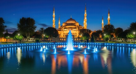 Naklejka premium Stunning Blue Mosque at Night with Illuminated Fountain