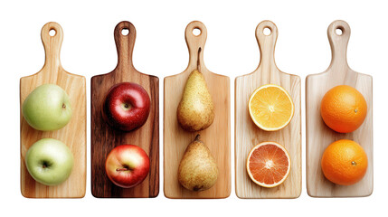 Wooden Cutting Boards with Fruit: A flat lay of wooden cutting boards with fruits like apples, pears, and oranges, isolated on a Transparent background, PNG file.