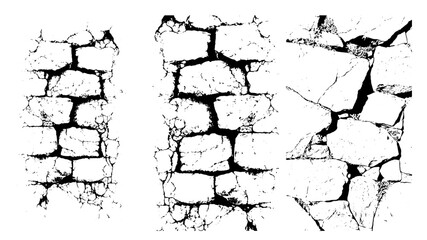 Monochrome stone walls showcase weathered textures and crack patterns, creating a stark, high-contrast look with rectangular and irregular shapes emphasizing their aged surfaces