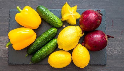 Colorful assortment of fresh produce on a slate board