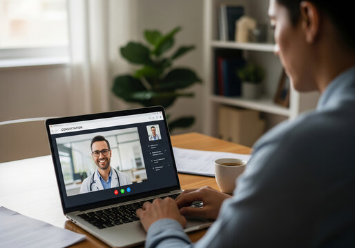 Woman having an online video consultation with her doctor via laptop at home.

