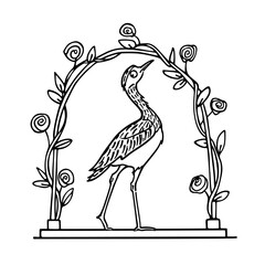 Vector card with hand drawn cute Thick-knee in graceful floral arch. Beautiful animal design elements, ink drawing, logo template
