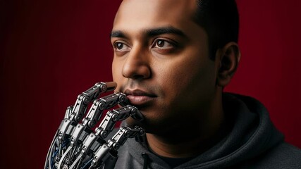 South Asian man uses advanced bionic hand prosthesis for everyday tasks outdoors