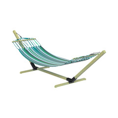 Freestanding striped hammock with wooden spreader bars and stand isolated on a transparent background.