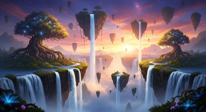 Mystical Floating Islands with Cascading Waterfalls at Sunset.