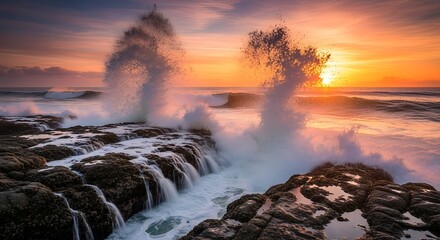Fototapeta premium Powerful Ocean Waves Crashing on Rocks at Sunset.