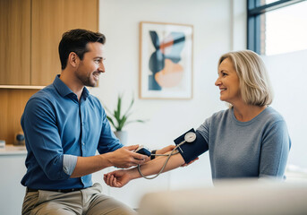 A friendly male doctor measures a senior female patient's blood pressure using a manual cuff during a routine checkup.