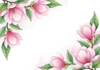Naklejka premium Elegant watercolor magnolias with soft pink petals and green leaves gracefully blossom, forming a lovely floral border around a clean white space.