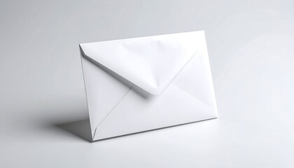 A single, blank white envelope, angled slightly, sits on a plain white surface. The envelope's flap is folded over and the paper appears smooth and slightly textured